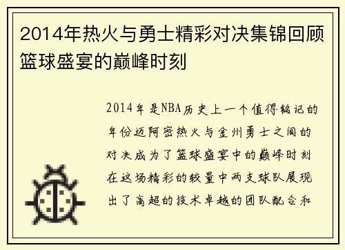 2014年热火与勇士精彩对决集锦回顾篮球盛宴的巅峰时刻